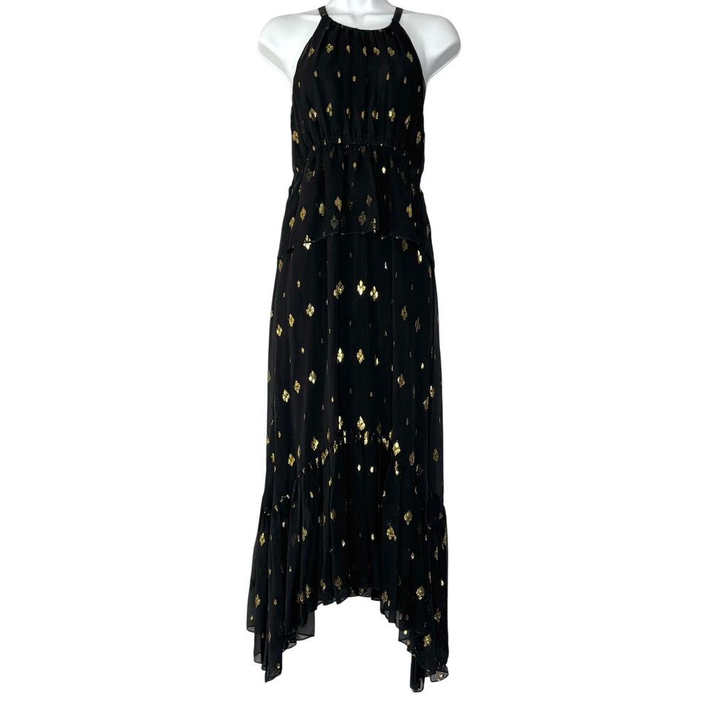 ALC Rosa Sleeveless Fil Coupe Silk Black Ruffle Halter Midi Dress Metallic Gold